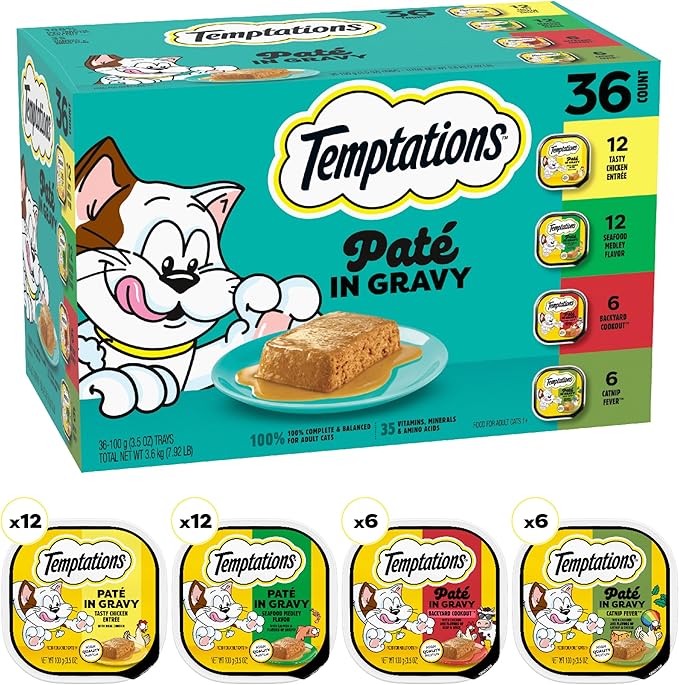 Temptations Pate in Gravy Adult Wet Cat Food Tasty Chicken Entree, Seafood Medley, Backyard Cookout, and Catnip Fever, 3.5 oz. Trays (36 Count, Pack of 1)