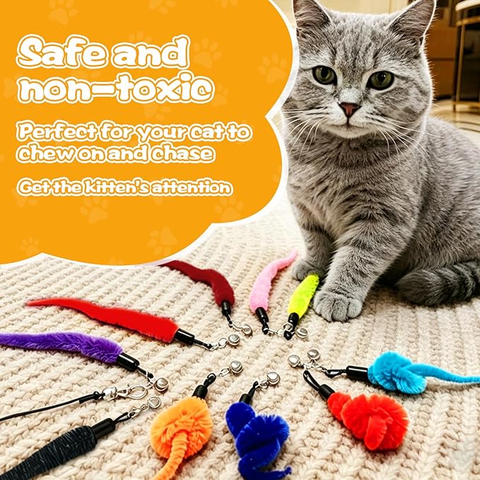 AKYZO 10Pcs Cat Worm Toy with 1Pcs String, Durable Interactive Teaser Refills for Cat Toys Kitten Toys, Cat Wand Attachements for Indoors and Outdoors Cats (10 Colors)