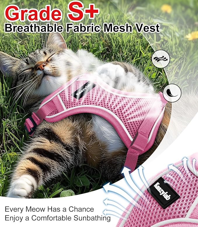 Cat Harness and Leash for Walking Escape Proof Soft Adjustable Cat Leash Breathable Comfortable Vest Easy to Wear Kitten Harness for Outdoor Travel (Pink, S (7-12lb))