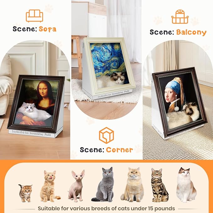 Mona Lisa Cat Bed Painting Cat Scratcher Bed CartBoard Cat House Beds for Indoor Cats Half-Surround Design W/Horizontal Cat Scratcher Scratching Board W/Catnip (The Star Night, Frame Pre-Taped)