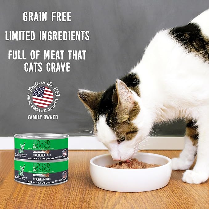 Hound & Gatos Duck Wet Cat Food, Single Protein, 98% Real Meat Formula, Grain Free Limited Ingredient Cat Food, 5.5 oz Cans (Pack of 24)