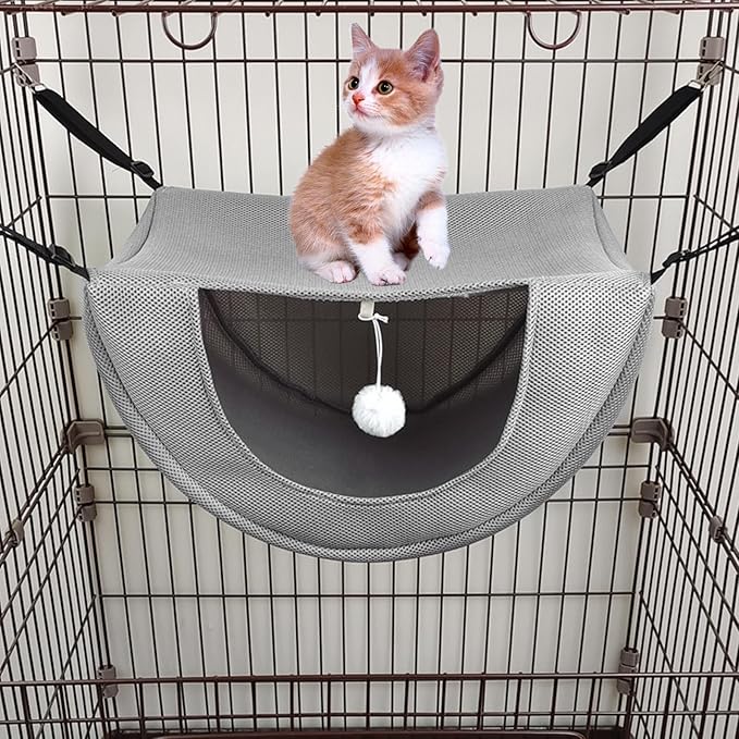 Yardwe Breathable Mesh Cat Hammock Bed for Cage, Small Summer Pet Hanging Nest, Machine Washable Gray M Size, Indoor Cat Playing Resting Furniture