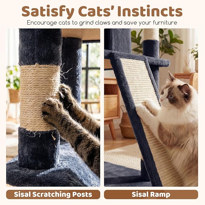 DORTALA Multi-Level Cat Tree, 65" Tall Cat Tower with 3 Plush Perch, 2 Condos, Basket Bed, Sisal Scratching Posts & Board, Hanging Pompoms, Indoor Pet Climbing Furniture (Dark Grey)