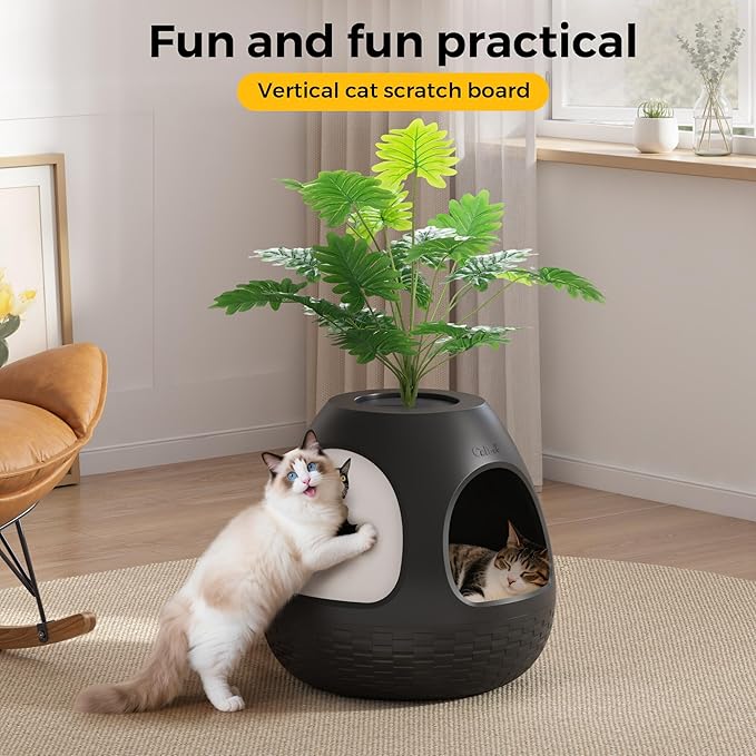 COZIWOW Eggloa6 Plant Litter Box, Hidden Cat Litter Box with Artificial Plants, DIY Litter Box Furniture, (Black, Basic)