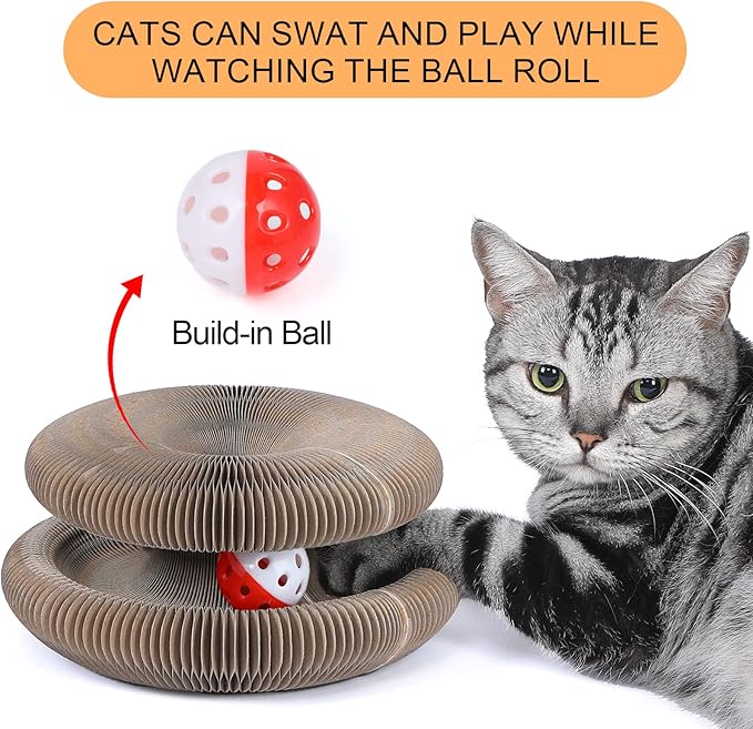 FluffyDream Magic Organ Cat Scratching Board, Interactive Scratch Pad with a Ball, Cat Scratcher for Grinding Claw, Recyclable and Durable, Furniture Protector, Retractable, Brown, Reversible