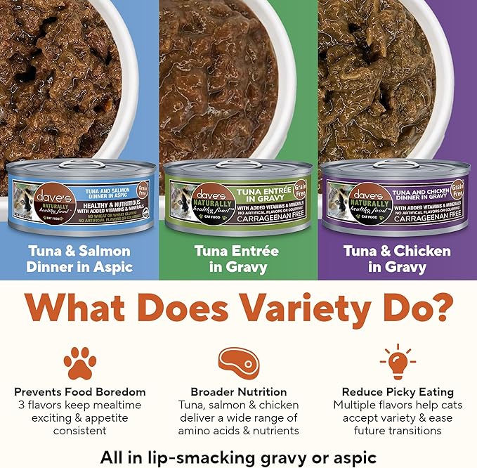 Dave's Pet Food Naturally Healthy Tuna Pate in Gravy Variety Pack Grain-Free Wet Cat Food, 5.5-oz can, Case of 12