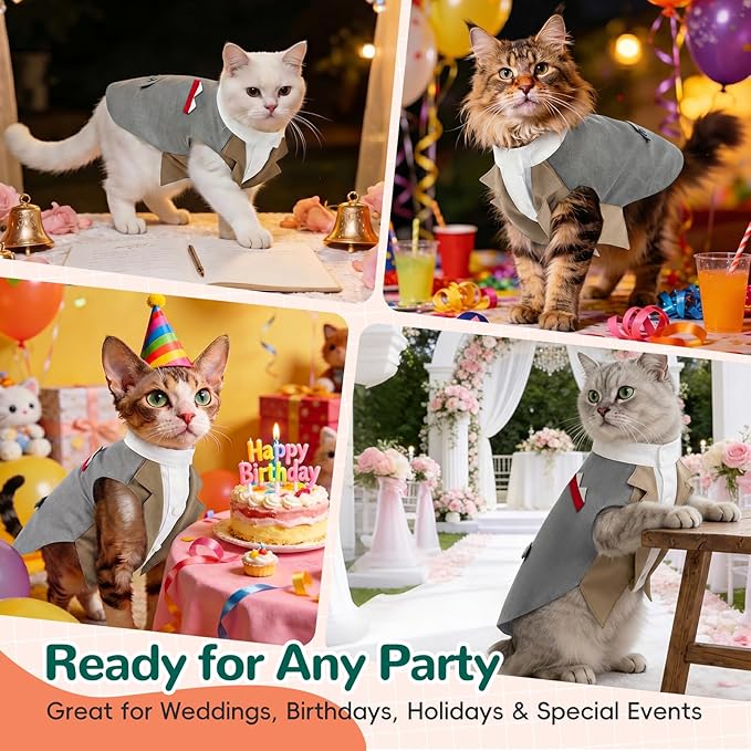 Grey Cat Tuxedo Suit, Sized for All Cats,Stylish Cat Tuxedo Outfit Formal Suit, Kitten Formal Attire Wedding Birthday Onesie Costume, Pet Fashion Apparel Fancy Clothes