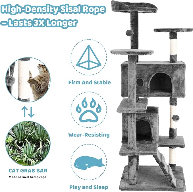 Cat Trees Towers for Large Cats 54" Tall - Cat House with Scratching Posts, Cozy Condo, Bed Cave, Climbing Ladder & Pom Pom Toys - Cat Furniture - Ashy Gray