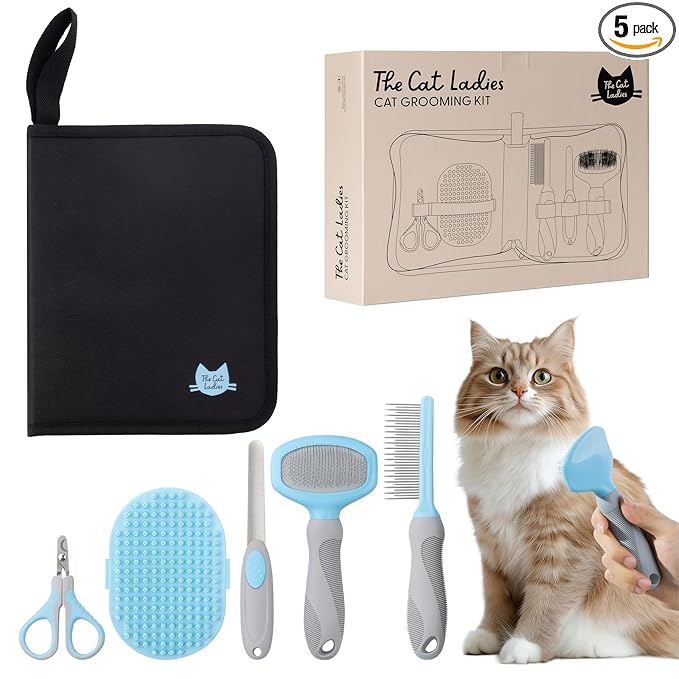 The Cat Ladies Cat Grooming Kit - 5 Piece Brushes Kit - With Comb and Matted Fur Undercoat Deshedding Cat Hair Brush for Long Haired Cats or Short Haired Kittens or Bunny Rabbits