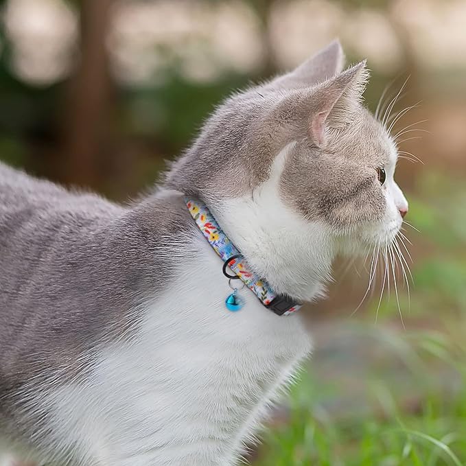 2 Pack Cat Collars with Bell - Breakaway Soft Collar for Girl & Boy Cats, Adjustable Safety Cute Kitten Collars – Comfortable Stylish Patterned Print Design Lightweight (Floral + Striped)