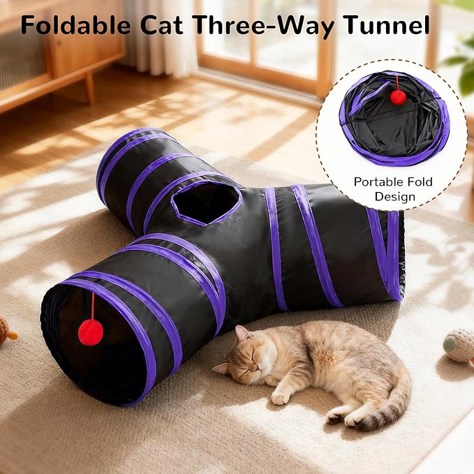 Tempcore Cat Tunnel for Indoor Cats, 3-Way Collapsible Play Tunnel with Teaser Wand, Peek Holes & Toy Ball, Small Pet Toy for Kittens & Rabbits, Black & Purple