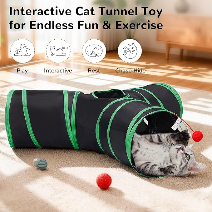 Tempcore Cat Tunnel for Indoor Cats, 3-Way Collapsible Play Tunnel with Teaser Wand, Peek Holes & Toy Ball, Small Pet Toy for Kittens & Rabbits, Black & Green