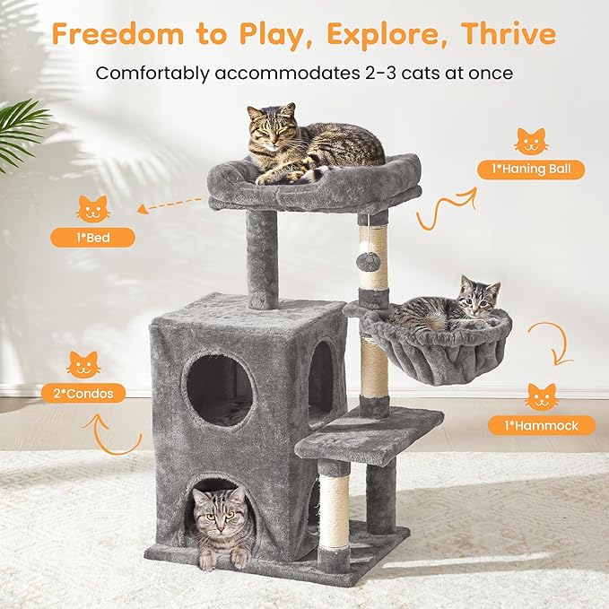Multi-Level Cat Tree Tower for Large Cats with Scratching Posts, Condos, Perch, Hammocks & Toys, Cat Jungle Gym for Indoor Cats, Ideal for Multi-Cat Households, Gray