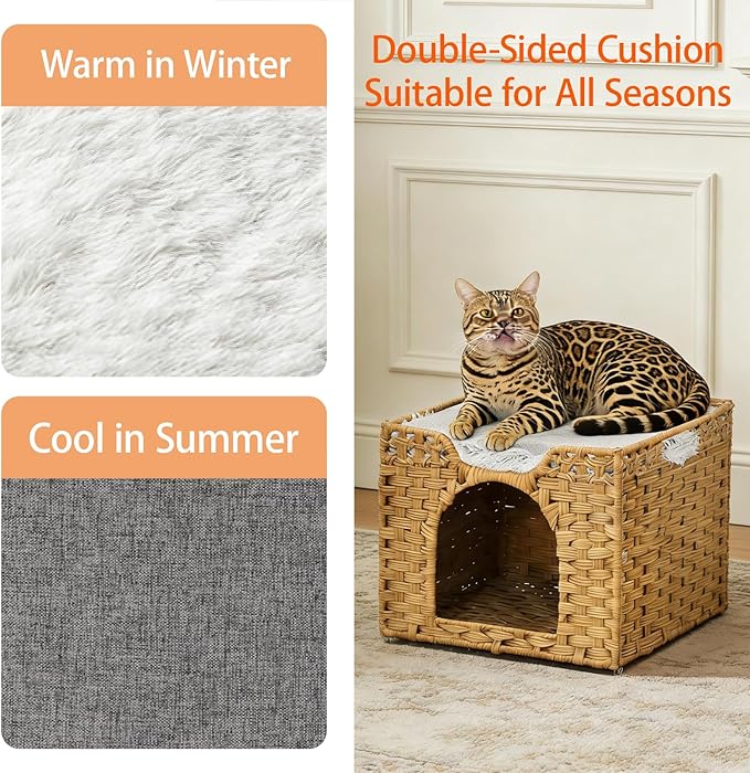 Rattan Cat House for Indoor Cats, Large Cat Bed Cave with One Bed Mat, Foldable Cat Condo Cube Hideaway for Multi Small Pet