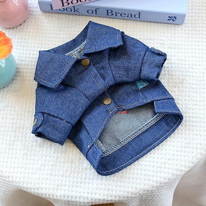 Denim Dog & Cat Jacket with Reinforced D-Ring – Embroidered Heart “Thank You for Existing” Patch, Jean Pet Clothes for Small Dogs & Cats(S)