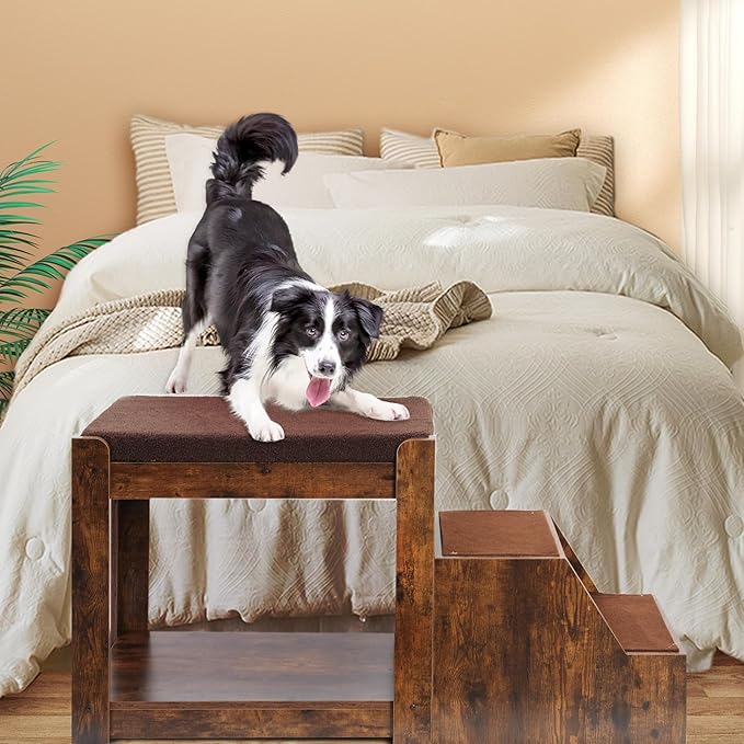 Pet Bunk Bed Pet Step Window Perch with Removable Step for Dogs and Cats, Bedside Lounge Elevated Dog Bed Multi-Level Seat Platform with Cushion and Non-Slip Pad (Vintage, 44.5" Lx19.7 Wx25.6 H)