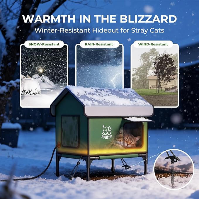 Outdoor Cat House Weatherproof – Insulated Feral Cat Shelter with Heating Pad, Water Resistant 900D Oxford, Anti-Peep Curtains & Escape Door, Elevated Design for All Seasons, Small
