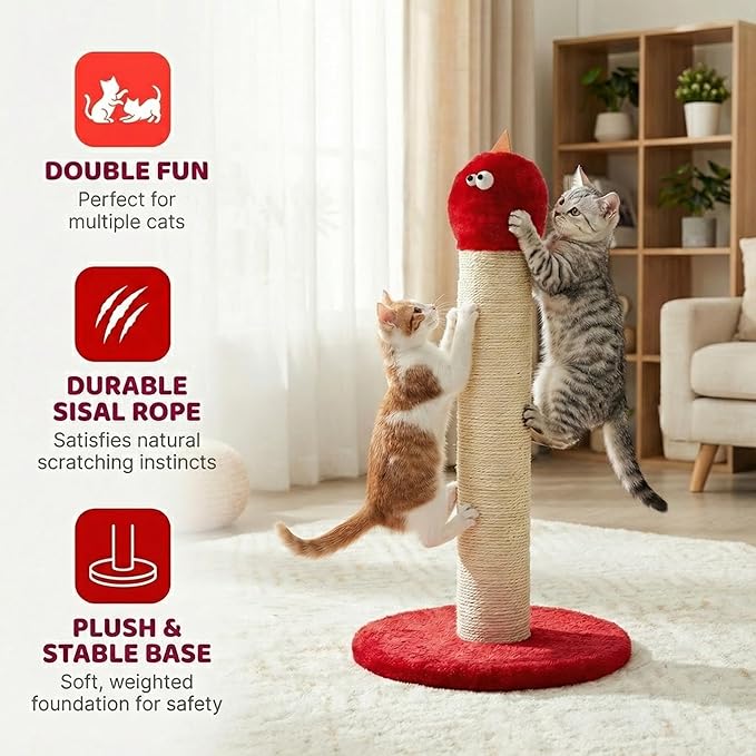 Cat Scratching Post 22'', Scratching Post with Extra Wide 12" Heavy Duty Base for Indoor Kitty, Scratching Post with Natural Sisal & Velvet Fabric for Small, Medium Cat, Red