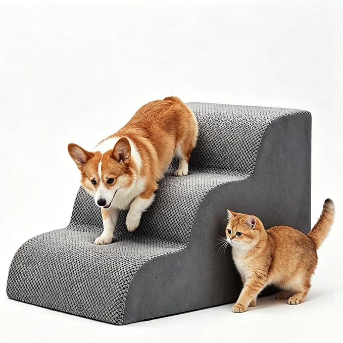 DUMOS Dog Stairs Ramp for Small Dogs and Cats, 3-Step Curved Pet Dog Steps with High-Density Foam for Puppy and Older Cats, Indoor Non-Slip Pet Ladder Ramp Stairs for Couch, High Beds, Sofa, Car-Grey