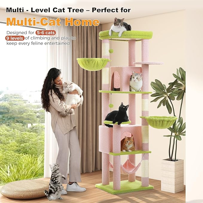 MUTTROS Flower Cat Tree for Large Indoor Cats, 71.2-Inch Tall Multi-Level Cat Tower with Scratching Posts, 3 Soft Hammocks, 2 Large Condos, Super Big Perch & Pompoms for Multi-Cat Households, Pink