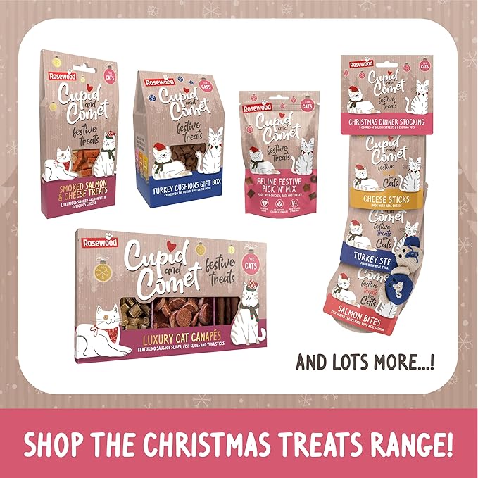 Rosewood Cupid and Comet Christmas Dinner Cat Stocking, Including: 1 x 40g Cheese Stick, 1 x 40g Turkey Strip, 1 x 40g Salmon bite cat Treats, 2 x Catnip Mouse cat Toys.