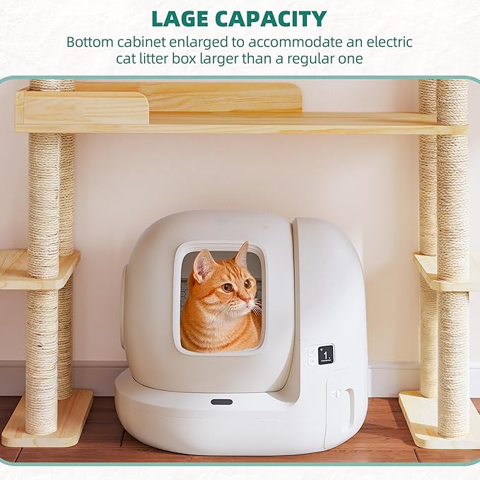 Wood Cat Tower for Automatic Litter Box, 60"H Cat Tree with Scratching Post, Multi-Level Solid Wood Cat Tree for Indoor Large Cats, Tall Cats Scratching Post Furniture w/Cats House, Burlywood