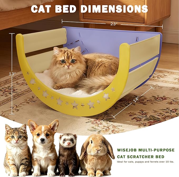 Cat Bed Cave– Sisal Scratch Pad & Soft Fleece Mat, Sturdy Elevated Hammock for Lounging, Climbing & Hiding, Supports up to 30 lbs, Purple
