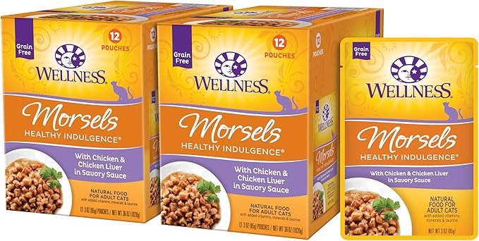 Wellness Healthy Indulgence Morsels Adult Wet Cat Food, Natural, Protein Rich, Grain Free, Chicken Recipe, 3 oz, Pack of 24 Pouches