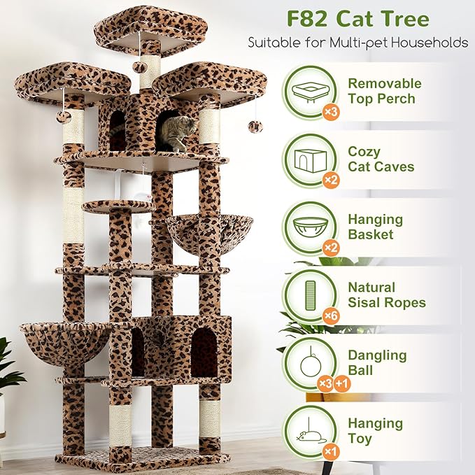 Globlazer Cat Trees and Towers for Multiple Adult Cats, 82-inch XXL Tall Cat Tree Tower for Indoor Cats with Scratching Post, 3 Perches, 2 Condos, 2 Hanging Baskets, F82, Leopard Print