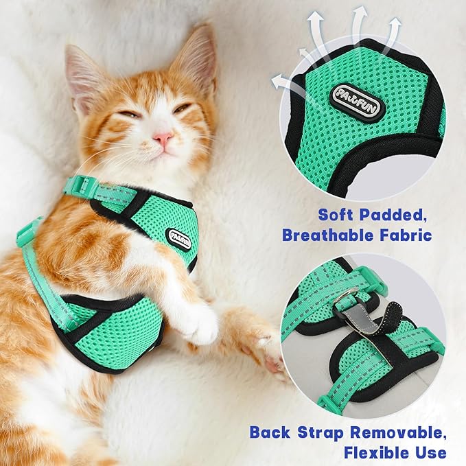 Cat Harness for Walking, Escape Proof Cat Harness and Leash Set with Reflective Strip, Adjustable Cat Leash Breathable Soft Vest for Small to Large Cats, Green, M