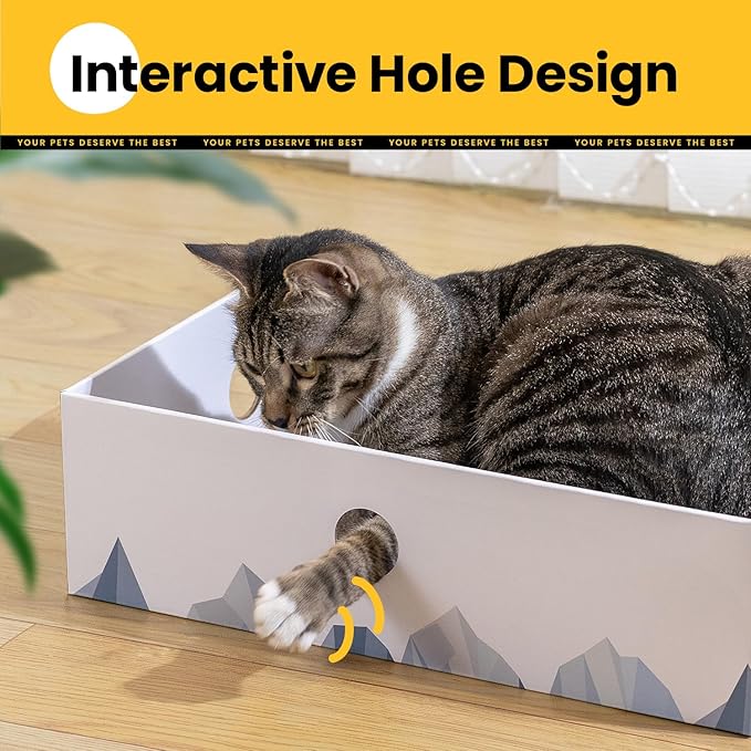 Conlun Cat Scratcher Box with Heavy-Duty Double-Sided Cardboard Pad, Cardboard Lounger, Interactive Hole Design, Cat Bed for Indoor Cats, White, Large