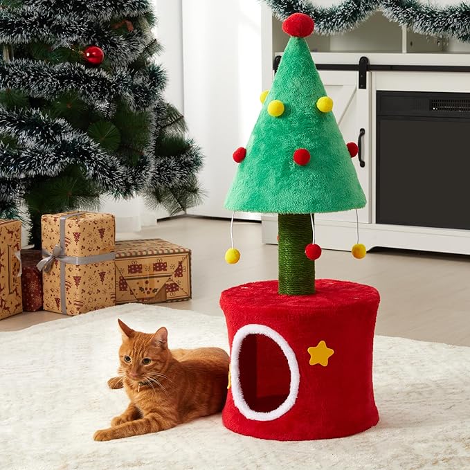 Cat Tree Tower for Indoor Cats, Small Cat Tree with Sisal Scratching Posts and Cozy Cat Bed, Multi-Functional Cat Furniture for Small and Adult Cats，Green&Red