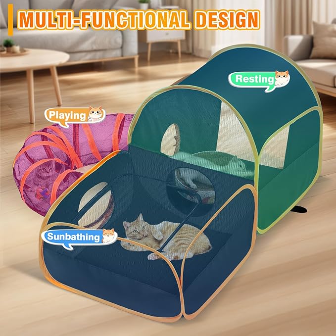 Portable Cat Playpen with Surround Tunnel, 2-Linked-Enclosed Areas, Ideal Cat Tent Outdoor or Cat Playpen for Indoor Cats Enclosed.Breathable Mesh Design for Indoor & Outdoor Use(Black)