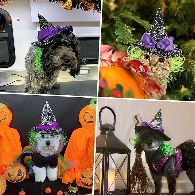 LESYPET Cat Halloween Costume Hat Dog Hat, Wizard Hat with Green Wig for Dog Cat Cosplay for Halloween, Christmas, Party