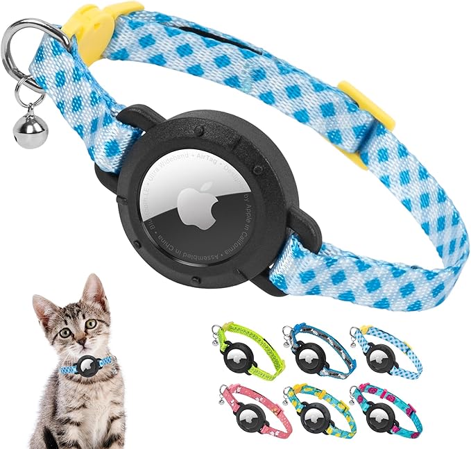 azuza AirTag Cat Collar Breakaway, Integrated Cat Collar with Air Tag Holder and Bell, Safety Lightweight Cat Tracker Collars for Kittens, Blue Plaid, Kittens (7"-9")