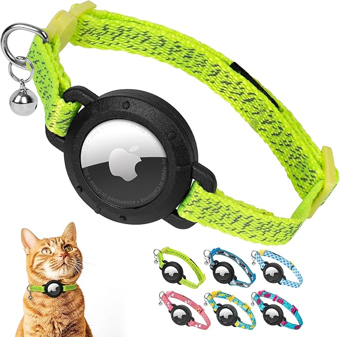 azuza AirTag Cat Collar with Reflective Fluorescent Green, Breakaway Safety Collar with Lightweight Design, Apple AirTag Holder and Bells, Adjustable for Cats(9-13")