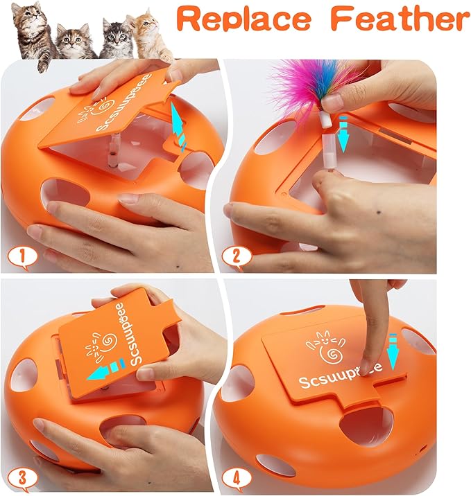 2-in-1 Rechargeable Interactive Cat Toy, Smart Sensor Pop-Up Feather Toy with 7 Holes, USB Powered Automatic Kitten Toy for Indoor Cats, Orange