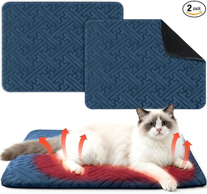 2 Pcs Winter Self Warming Cat Bed, Self Heating Cat Dog Pad 20 x 16 Inch Outdoor Warm Thermal Mat Pad with Removable Cover Non-slip Bottom Washable Reflects Body Heat for Indoor Small Dog(Blue)