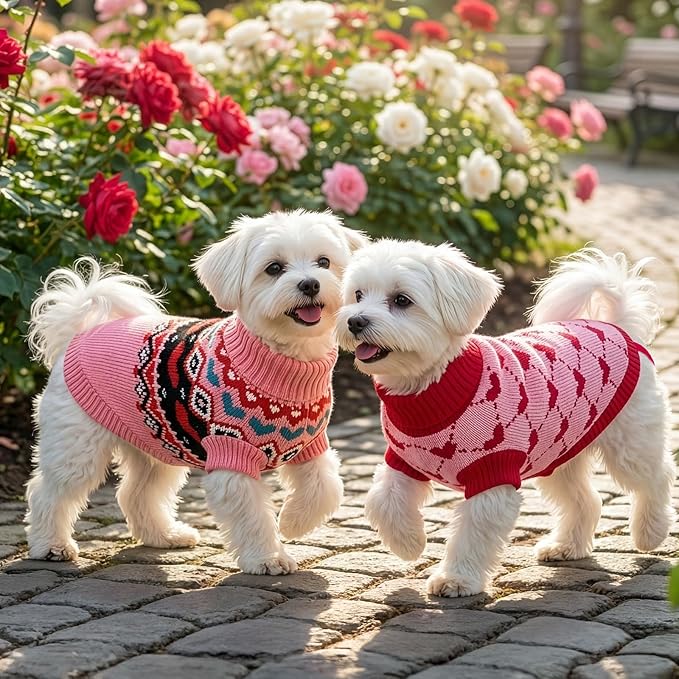 2PCS Valentine’s Day Cat Sweaters Heart-to-Heart Pattern Knitted Clothes Love-Themed Pink Geometric Stripe Dog Knitwear Festival Puppy Outfits for Puppies Kittens L