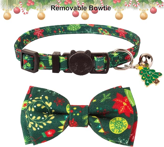 ADOGGYGO Christmas Cat Collar Breakaway with Bowtie Bell - 2 Pack Red Green Xmas Kitten Bow Collars Christmas Collars for Cat Kitten