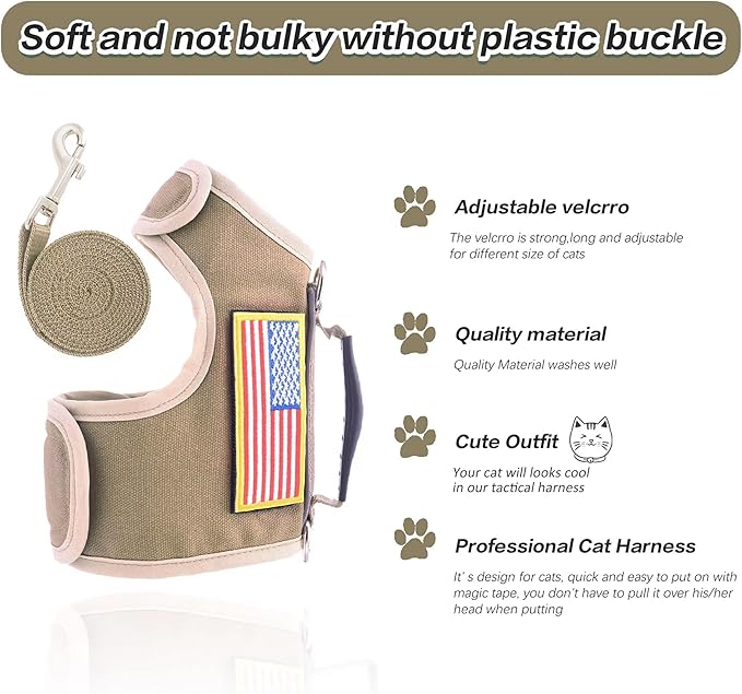 Tactical Cat Harness and Leash for Walking Escape Proof, Adjustable Cat Walking Jackets, Padded Stylish Cat Vest, Khaki, Medium