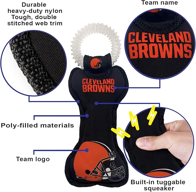 Pets First NFL Cleveland Browns Football Dental Tough Dog TUG Bone Toy with Built-in Squeaker Attached to a Safe Rubber Teething Toothbrush PET Toy, Team Color, 14 x 5 (CLE-3310)