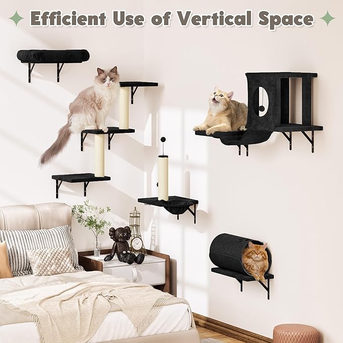 NUNU LAB 14-in-1 Cat Wall Shelves Set, Wall-Mounted Cat Climber with Bridge, Tunnel, House, Scratcher, Steps, Indoor Space-Saving Furniture for Kittens Play, Gray