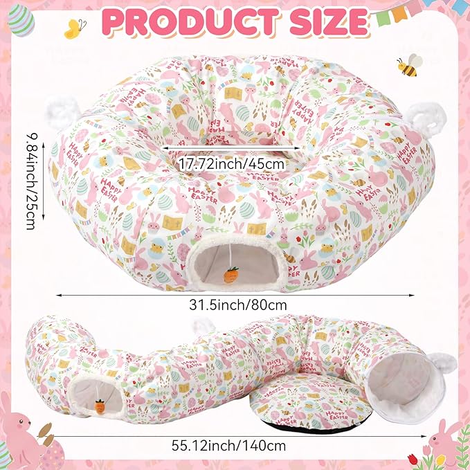 Aliceset Easter Bunny Cat Tunnel Bed for Indoor Cats 3ft x 3ft x 10in Foldable Cat Donut Tunnel with Washable Cushion Easter Rabbit Peekaboo Cave Toy for Small Kitten Kitty