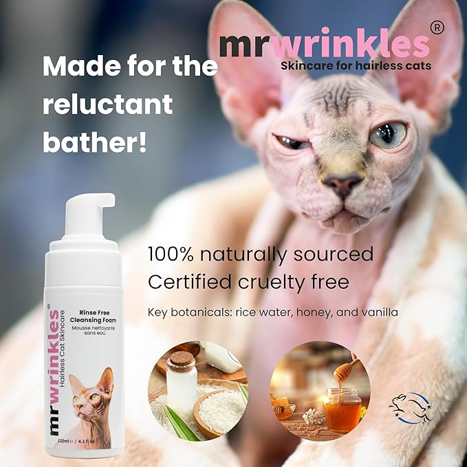 Sphynx Rinse Free Cleansing Foam - Wipe & Go Mattifying Rice Water & Honey Formulation, Natural & Lick-Safe, Shampoo Alternative for Hairless Cats, Made in Canada