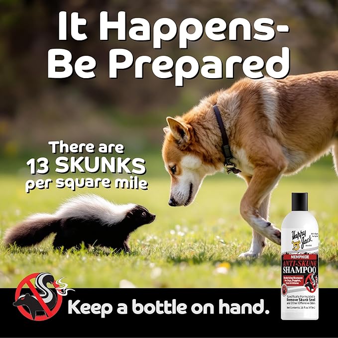 HAPPY JACK Mephidide Anti-Skunk Shampoo for Dogs & Cats Powerful Pet Odor Eliminator for Skunk Smell Removal Deodorizing Grooming Shampoo Safe for Coat & Sensitive Skin for Home Use (16 oz)