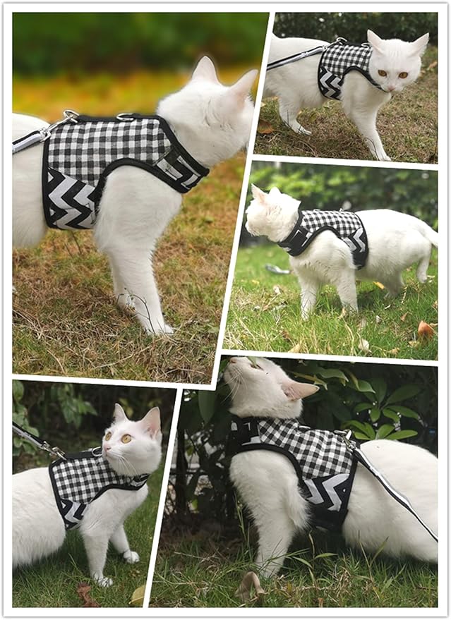 Cat Harness and Leash for Walking Escape Proof, Adjustable Cat Vest Harness, Padded Stylish Cat Walking Jackets, Black Plaid, X-Small