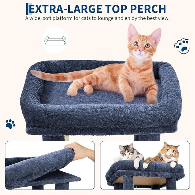 61.4 Inch Cat Tree, Large Cat Tower with Sisal Scratching Posts, 2 Spacious Cat Beds, Hanging Ball & Top Perch, Ideal for Large Indoor Adult Cats, Blue