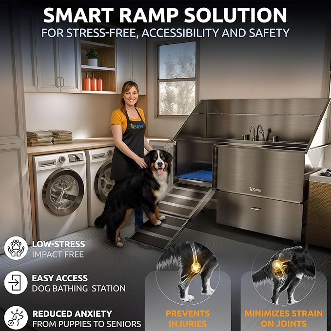 KANIS Professional Dog Washing Station 304 Stainless Steel Pet Wash Sink & Grooming Bathtub w/Shower, Floor Grates and Storage for Large, Medium & Small Pets (Silver, 61 Inches, Left Ramp, 1 Drawer)
