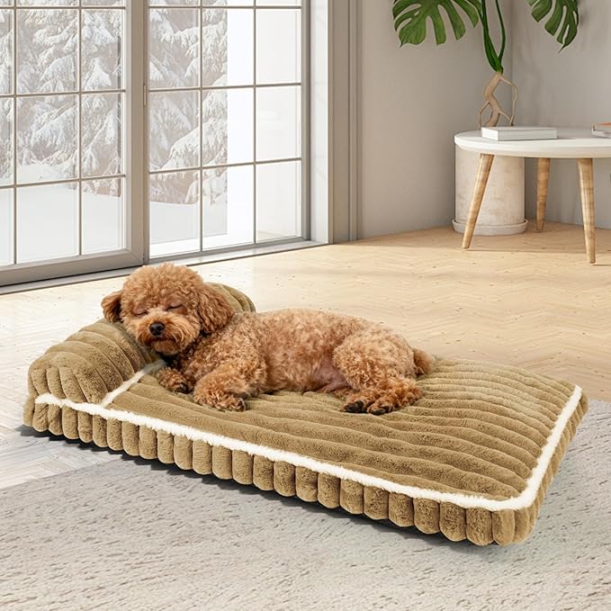 Comfort Dog Beds for Medium Size Dogs, Dog Bed with Removable Washable Cover, Deluxe Plush Dogs Bed for Crate with Pillow, Anti-Slip Pet Mat Mattress for Kennel with Durable Zipper(Brown, M)